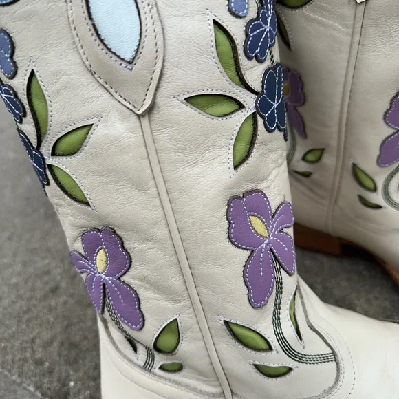 Tecovas The Sadie Meadow Bone Cowboy Boots Size 9 Floral Cream Western Bride - Picture 10 of 15